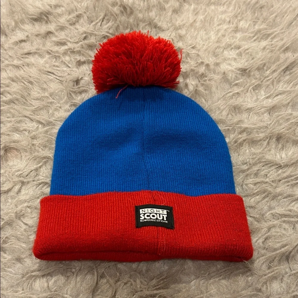 NWOT Night Scout Blue‎ and Red Light Beanie with Pom Pom